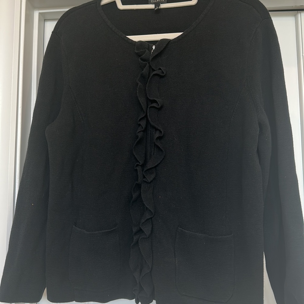 Talbots Black Micro Waffle Knit Ruffle Zip Up Light Weight Jacket - Picture 5 of 8